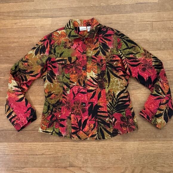 Chico's 100% linen orange red black button down shirt jacket size XS
 b36 - Picture 1 of 4